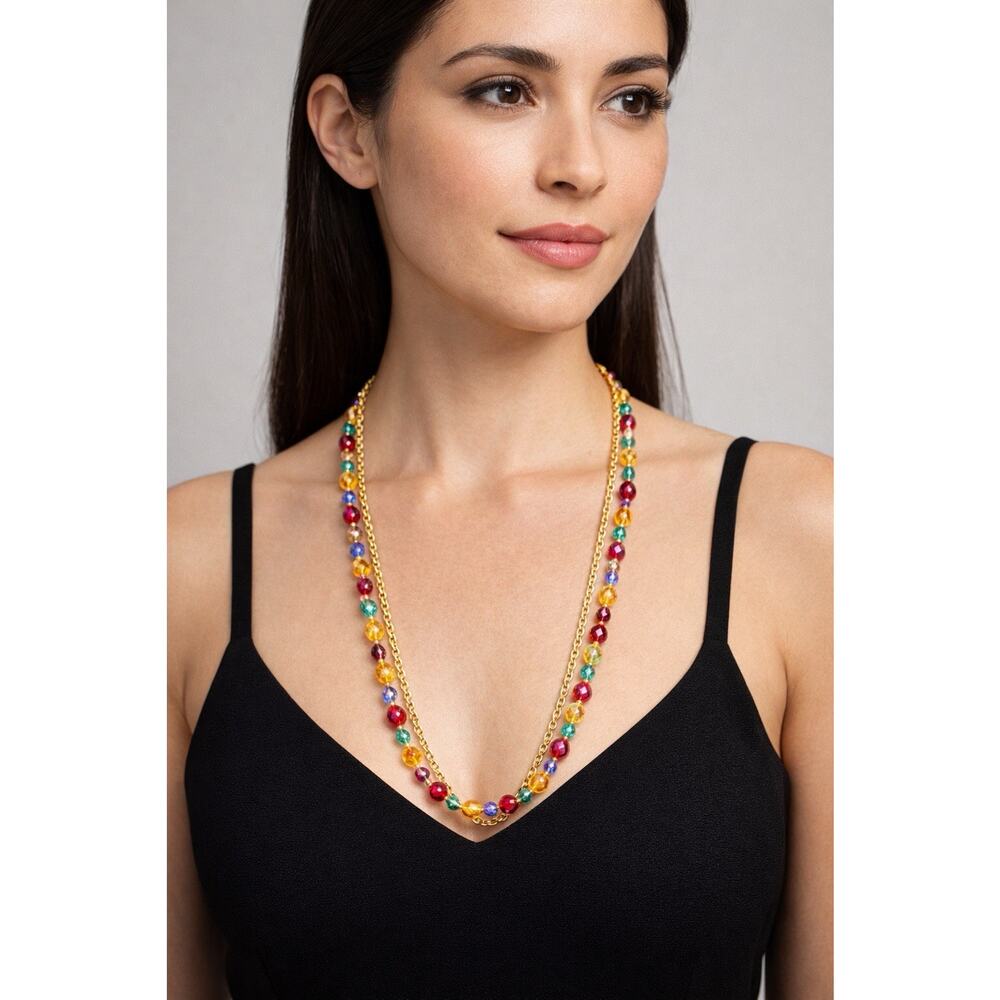 Joan Rivers 2 Pc Necklace Set Multicolor Bead + Gold Chain Layered